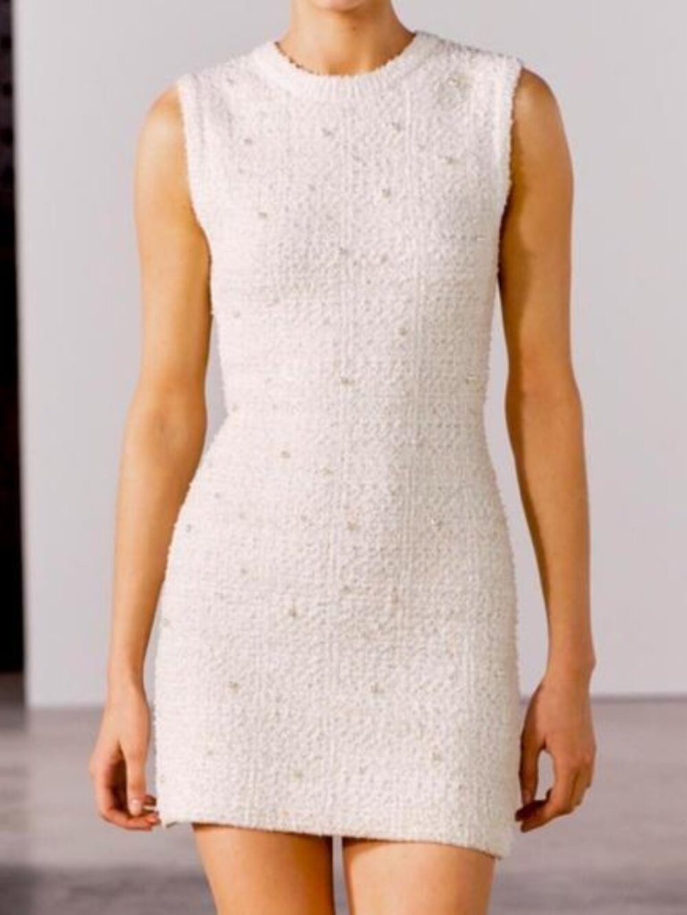Zara Cream Sleeveles Knit Mini Dess with Faux Pearls